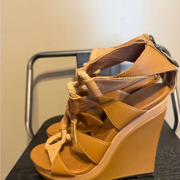 DVF Diane von Furstenberg Camel Leather Rope Wedge Sandals 7M - Picture 9 of 14